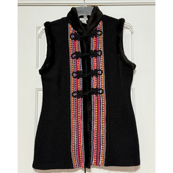 Boho Mythology Black Wool Vest with Embroidered Trim, Size M - Picture 1 of 5